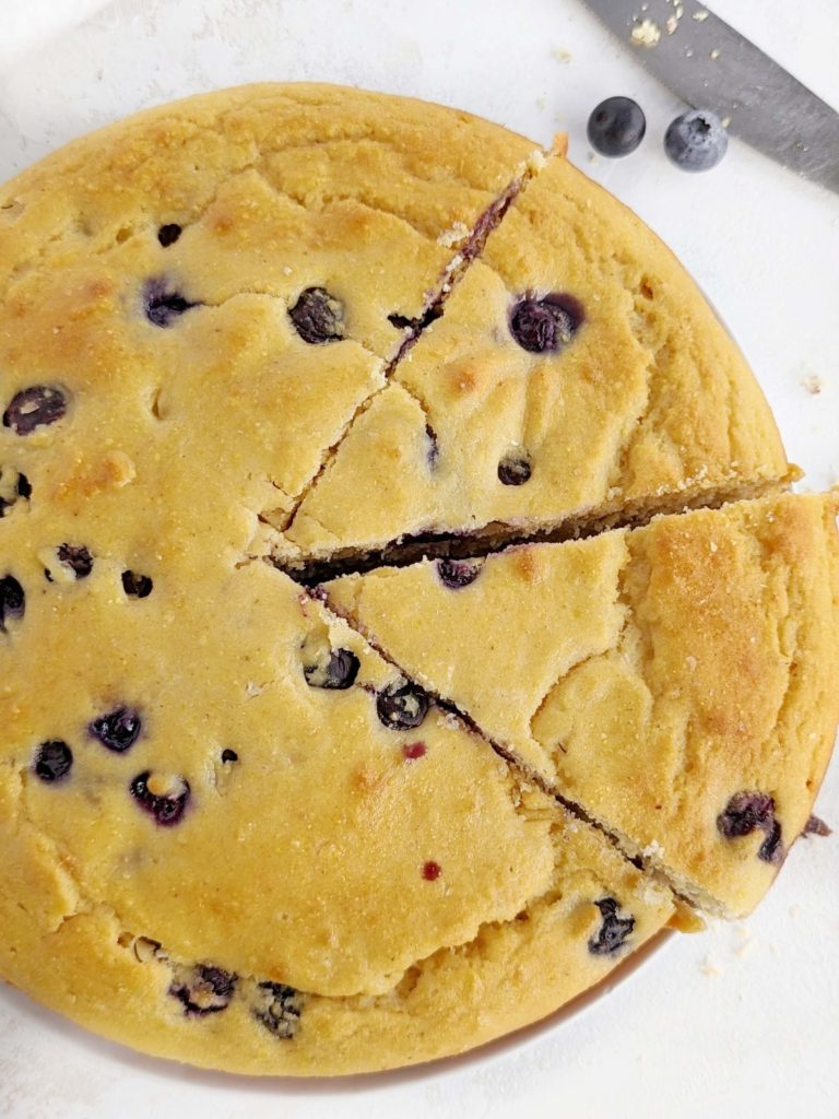 Moist and sweet but Healthy Blueberry Cornbread made with protein powder instead of sugar. Make easy blueberry cornbread cake in a baking pan or skillet too!