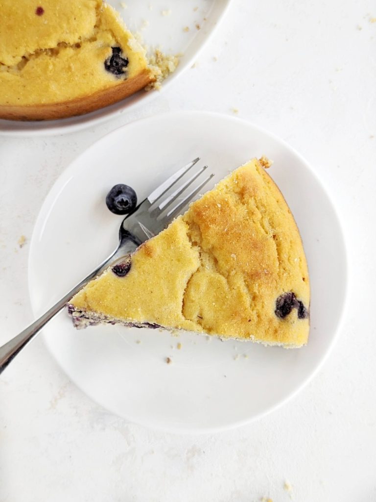 Moist and sweet but Healthy Blueberry Cornbread made with protein powder instead of sugar. Make easy blueberry cornbread cake in a baking pan or skillet too!
