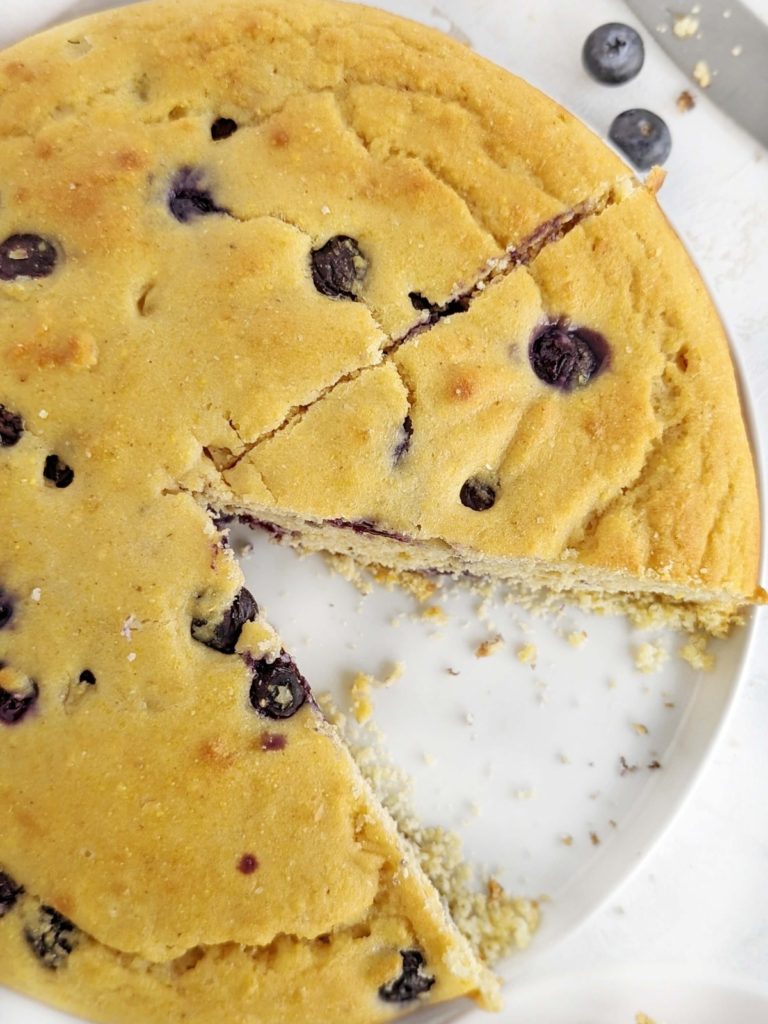 Moist and sweet but Healthy Blueberry Cornbread made with protein powder instead of sugar. Make easy blueberry cornbread cake in a baking pan or skillet too!