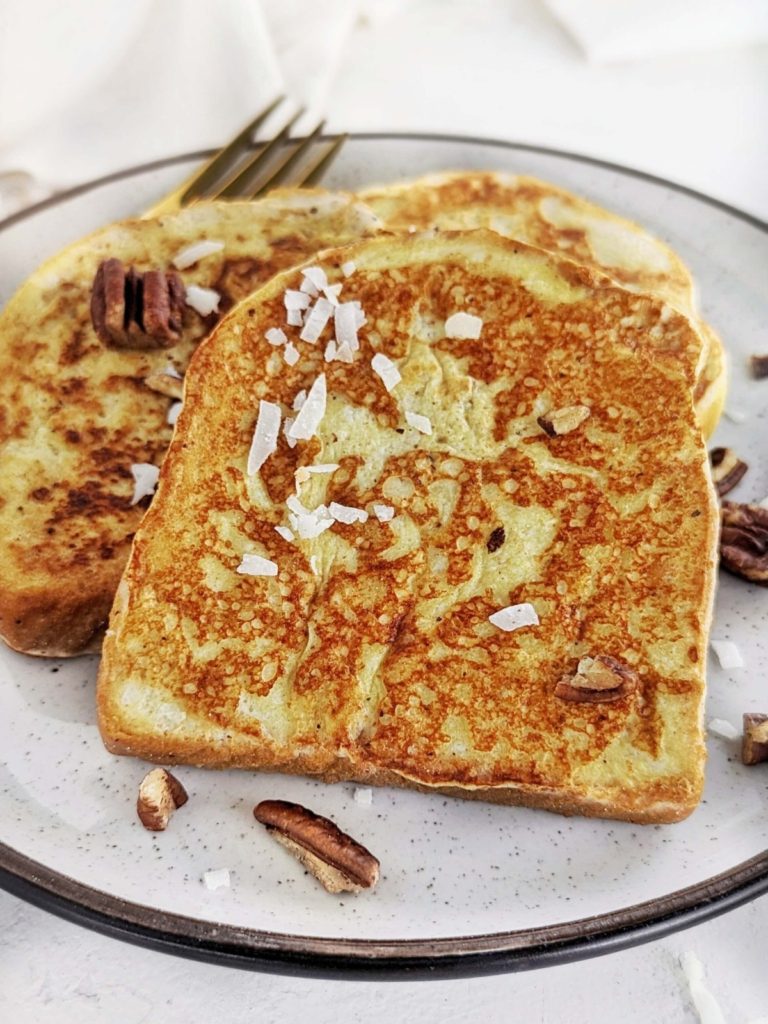 Healthy Eggnog French Toast is perfect for your Christmas breakfast special. High protein Eggnog French Toast made with protein powder and egg white instead of sugar and eggs!