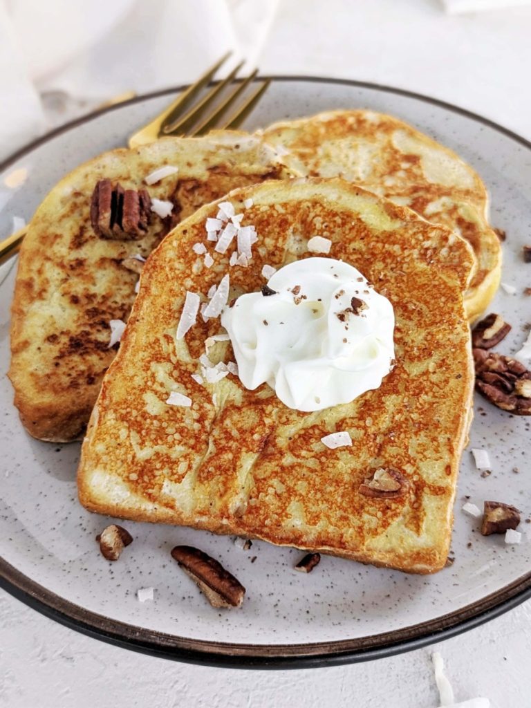 Healthy Eggnog French Toast is perfect for your Christmas breakfast special. High protein Eggnog French Toast made with protein powder and egg white instead of sugar and eggs!