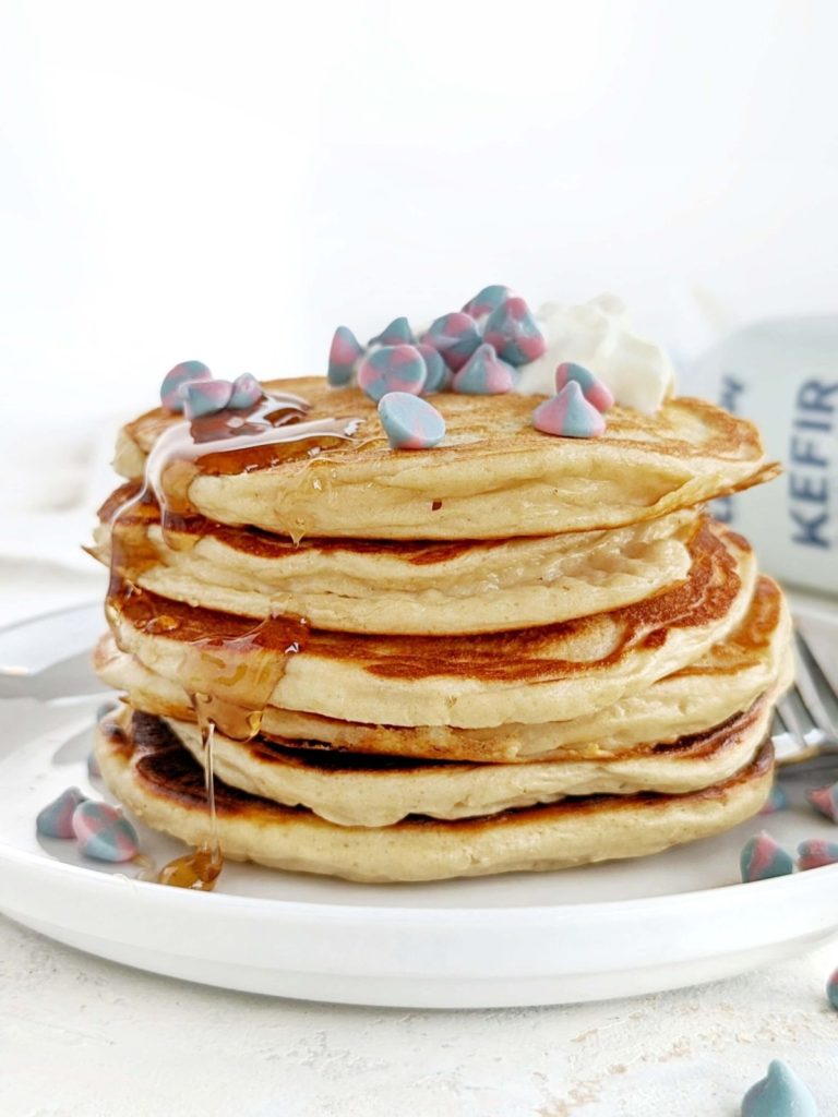 Easy and Healthy Kefir Pancakes with whole wheat flour, no buttermilk, butter or sugar! Kefir protein pancakes use protein powder and are just as light and fluffy as your favorite breakfast food.