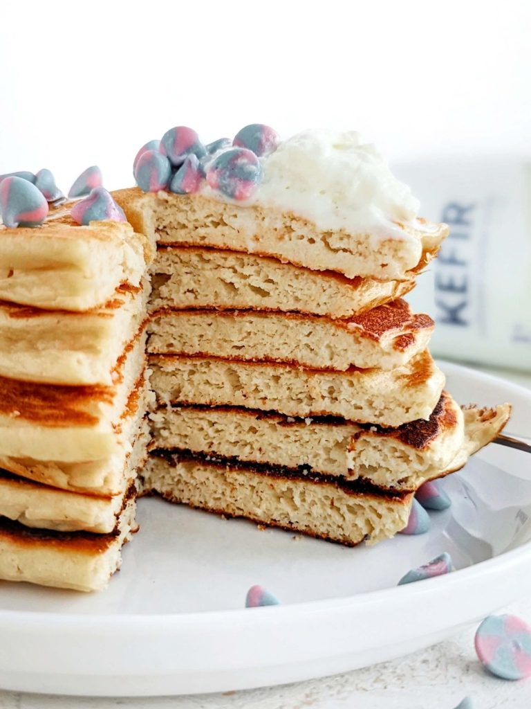 Easy and Healthy Kefir Pancakes with whole wheat flour, no buttermilk, butter or sugar! Kefir protein pancakes use protein powder and are just as light and fluffy as your favorite breakfast food.