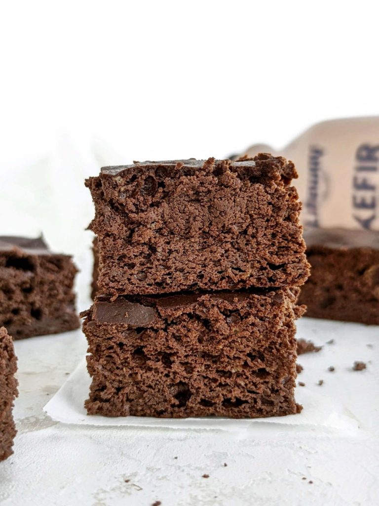 Rich and chocolatey Kefir Brownies with extra high protein, low sugar and low fat! Chocolate Kefir protein brownies use protein powder, monkfruit and stevia for a sugar free recipe.