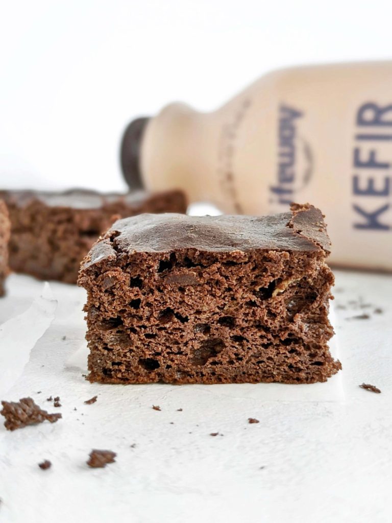 Rich and chocolatey Kefir Brownies with extra high protein, low sugar and low fat! Chocolate Kefir protein brownies use protein powder, monkfruit and stevia for a sugar free recipe.