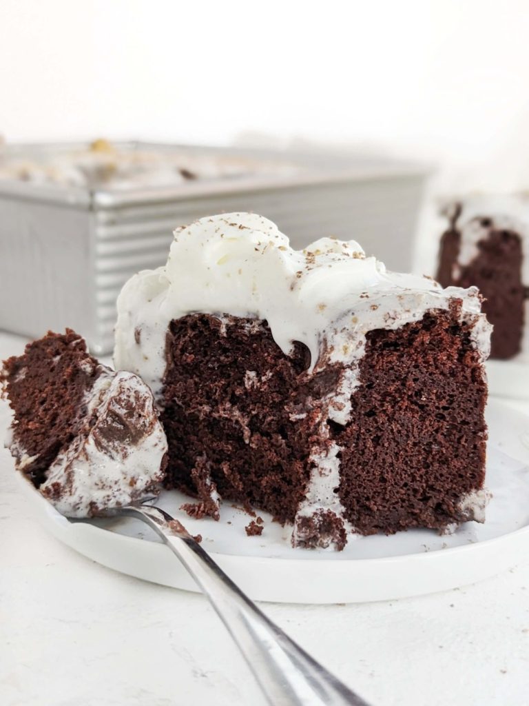 Super good Mocha Latte Cake with a rich coffee-chocolate flavored cake and cool whip topping, but all sugar free! Healthy chocolate latte cake uses protein powder and monkfruit for sweetener and will leave you wanting more.