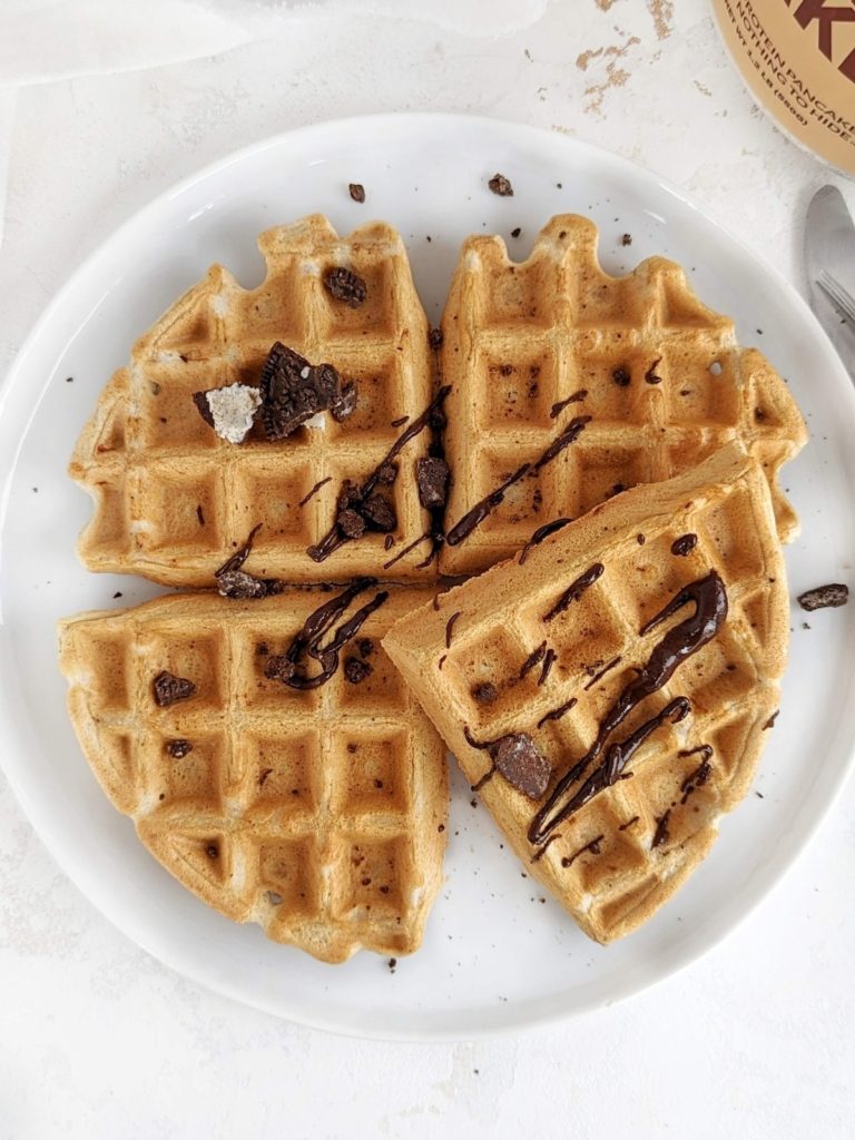 Super easy Protein Waffles without Protein Powder, made with protein pancake mix and egg white. Pancake mix protein waffles are light, fluffy and crispy - perfect for a post workout breakfast.