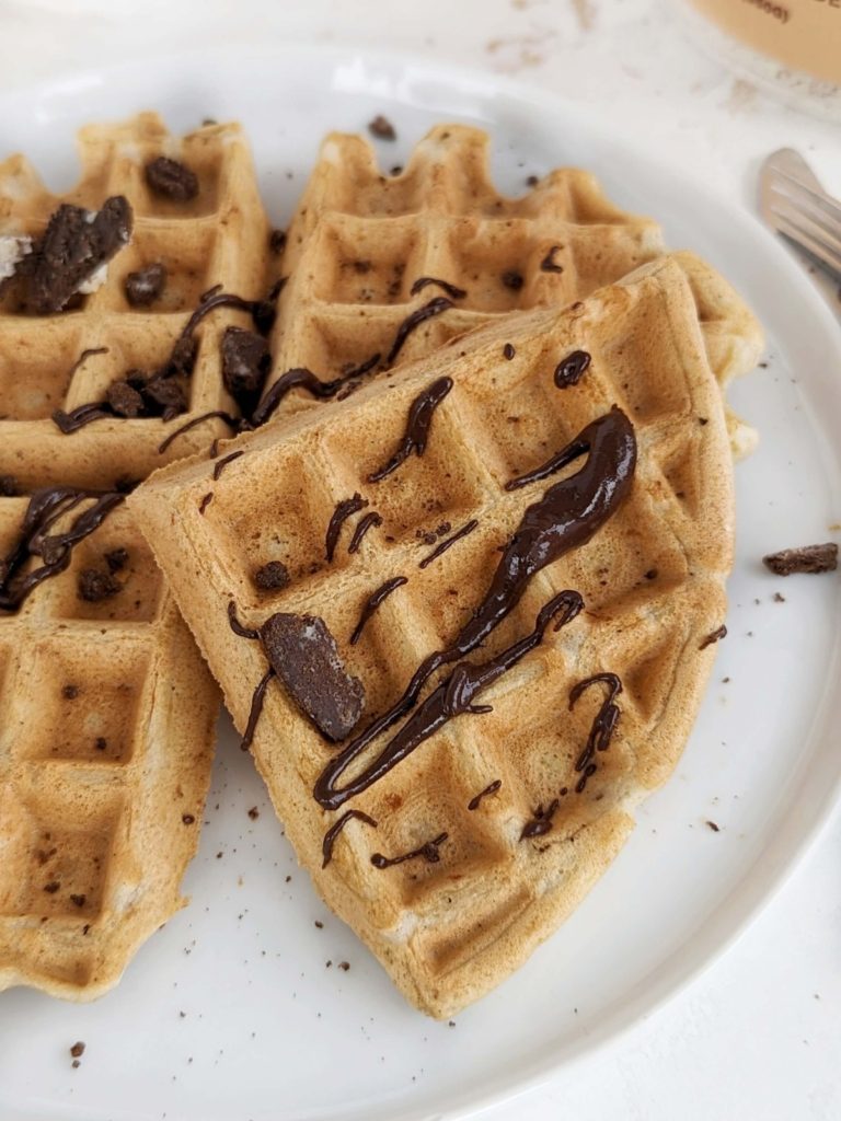 Super easy Protein Waffles without Protein Powder, made with protein pancake mix and egg white. Pancake mix protein waffles are light, fluffy and crispy - perfect for a post workout breakfast.