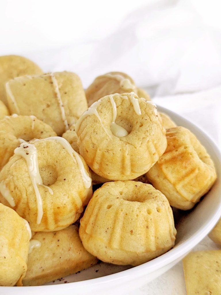 Delicious and festive Mini Eggnog Protein Cakes for your holiday party! Healthy mini eggnog bundt cakes use protein powder and almond milk egg nog for a low sugar and low fat recipe.
