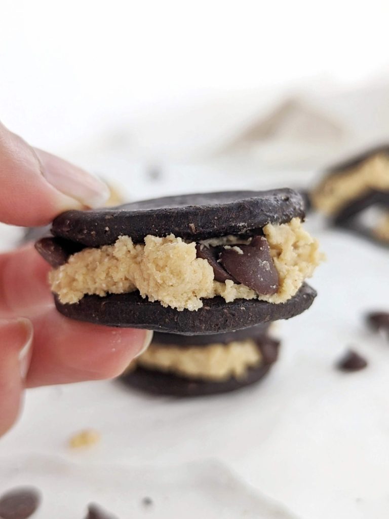 Superb Protein Cookie Dough Oreos to replace those store-bought versions. Healthy cookie dough Oreo cookies have biscuits and filling made with protein powder instead of sugar for a sugar-free recipe.