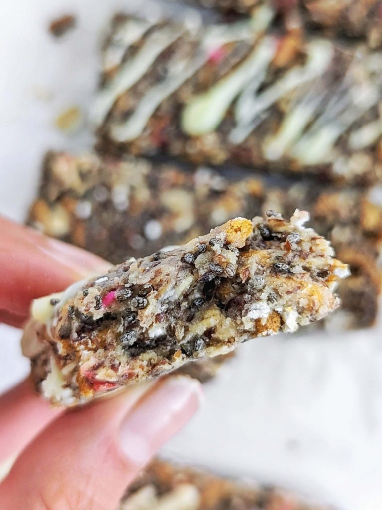 Soft and Chewy High Fiber Protein Bars packed with flavor and nutrition. Healthy homemade protein fiber bars use oats, chia seeds, flax seeds and a high-fiber cereal!