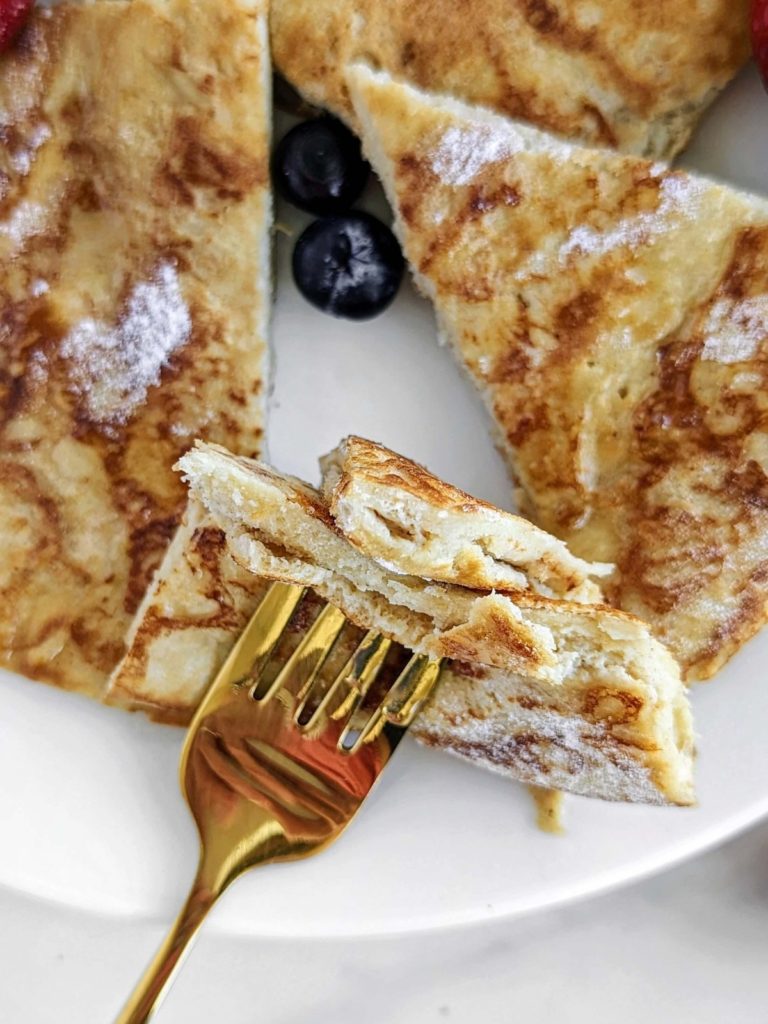 Literally the Best Pita Bread French Toast recipe made with protein powder instead of sugar, and egg whites too. Healthy pita french toast is low fat, low sugar and satisfies all cravings!