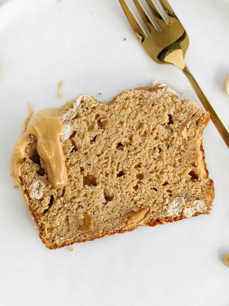 Loaded Protein Peanut Butter Bread with white chocolate chips, pretzels and roasted peanuts to satisfy your cravings. Healthy peanut butter loaf uses flavored peanut butter and PB powder and is sweetened with protein powder!