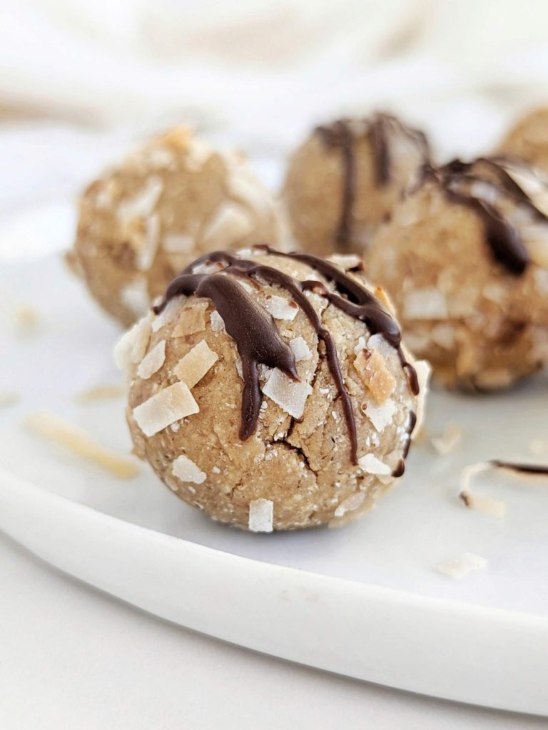 Samoa Protein Balls for a healthy snack to satisfy cravings of Girl Scouts Samoa Cookies. Samoa cookie protein bites are gluten free, low carb, low sugar and low fat too!