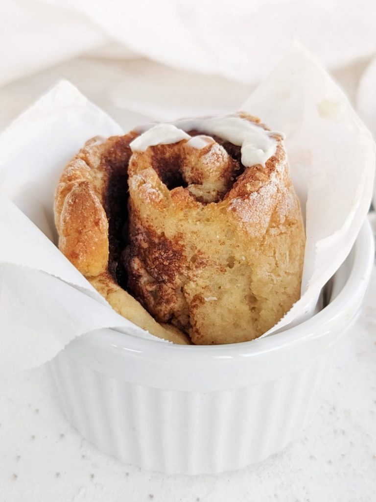 A fluffy, gooey Single Serve Protein Cinnamon Roll with protein powder in the dough and filling for a low calorie and sugar free recipe! Protein cinnamon roll for one is easily Vegan and great as a mug cake too.