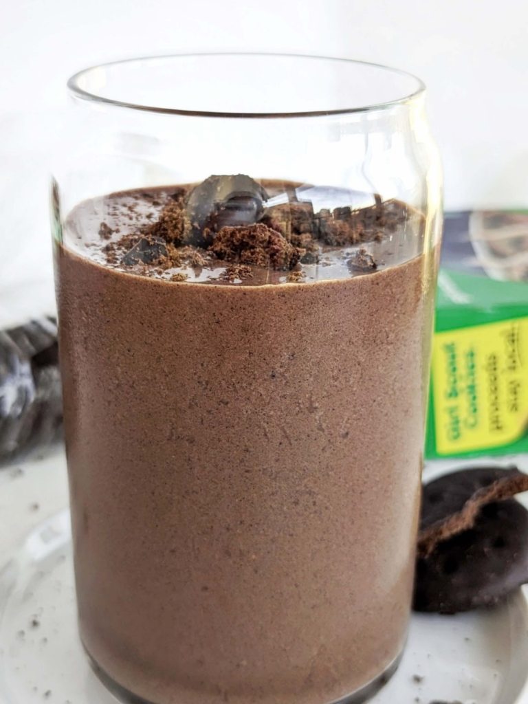 Indulgent Thin Mint Protein Shake made with actual Girl Scout Cookies and mint-flavored Cashew Butter. Really the best Mint Chocolate protein shake ever!