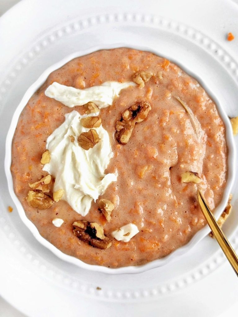 Warm Carrot Cake Protein Bowl with shredded carrots, spices and a cream cheese topping made in the microwave. Healthy carrot cake breakfast bowl is sweetened with protein powder and is low carb and sugar free too.