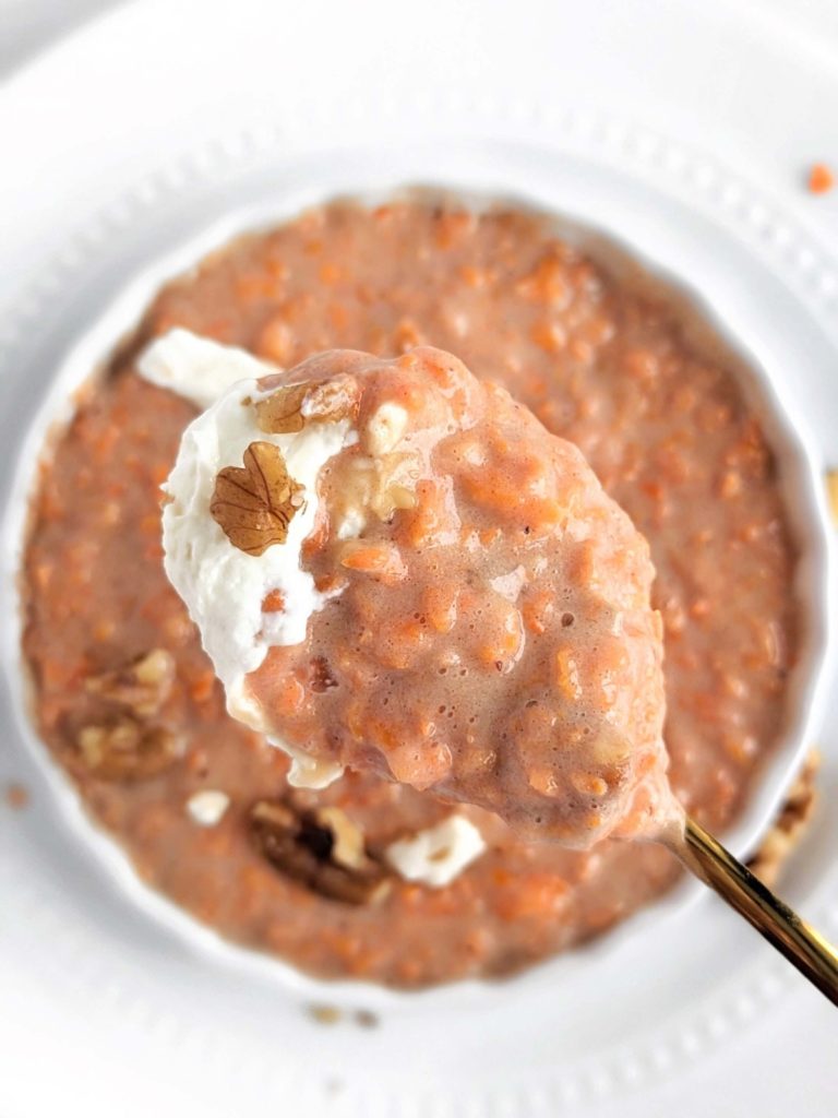 Warm Carrot Cake Protein Bowl with shredded carrots, spices and a cream cheese topping made in the microwave. Healthy carrot cake breakfast bowl is sweetened with protein powder and is low carb and sugar free too.