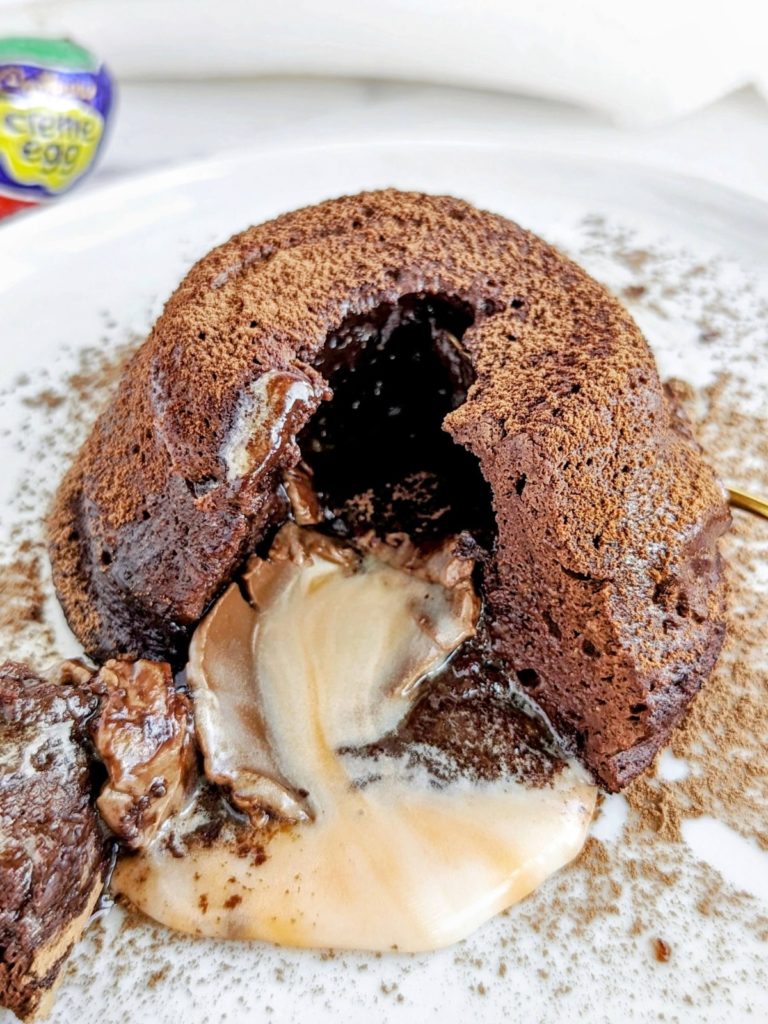 Healthy Creme Egg Protein Lava Cake made in the microwave in under 2 minutes! Quick Easter dessert with protein powder and Greek yogurt instead of sugar and butter for an indulgent but low-guilt treat.