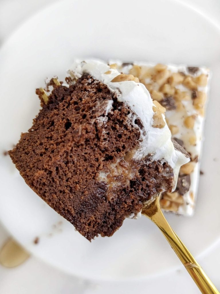 Healthy Better than Sex Cake recipe is the best you will find! High protein, low sugar and low far, but the same chocolate cake, condensed milk, caramel and toffee flavor you love.