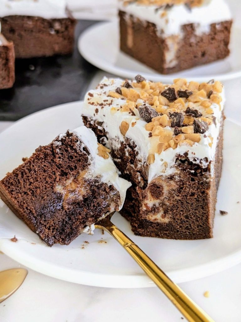 Healthy Better than Sex Cake recipe is the best you will find! High protein, low sugar and low far, but the same chocolate cake, condensed milk, caramel and toffee flavor you love.