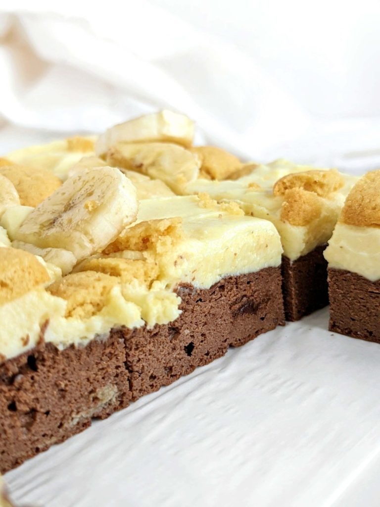 Banana Pudding Protein Brownies will satisfy all all your cravings! Healthy, high protein brownie with sugar free, high protein banana pudding for your next indulgent bake.