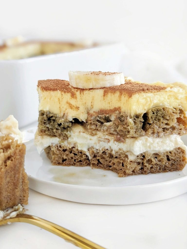 Amazing Banana Pudding Protein Tiramisu with layers of coffee-dipped protein banana cake, protein cream and protein banana pudding. Banana tiramisu is a healthy and unique twist on the classic using protein powder instead of sugar!