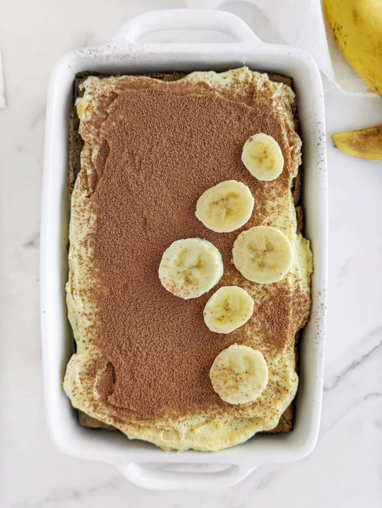 Amazing Banana Pudding Protein Tiramisu with layers of coffee-dipped protein banana cake, protein cream and protein banana pudding. Banana tiramisu is a healthy and unique twist on the classic using protein powder instead of sugar!