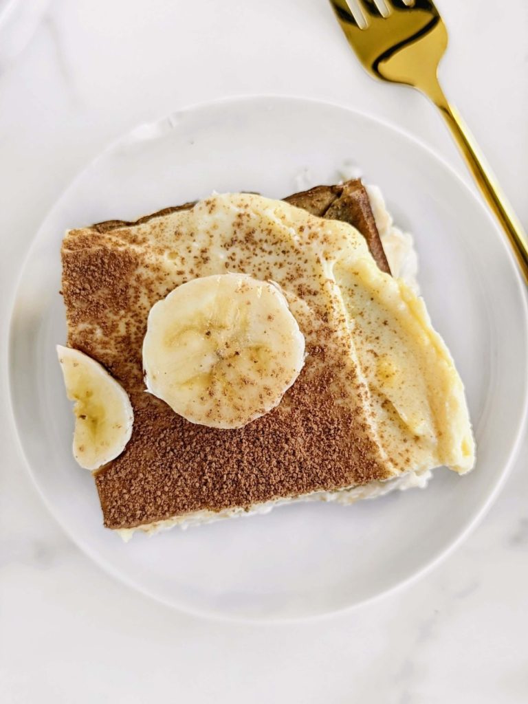 Amazing Banana Pudding Protein Tiramisu with layers of coffee-dipped protein banana cake, protein cream and protein banana pudding. Banana tiramisu is a healthy and unique twist on the classic using protein powder instead of sugar!