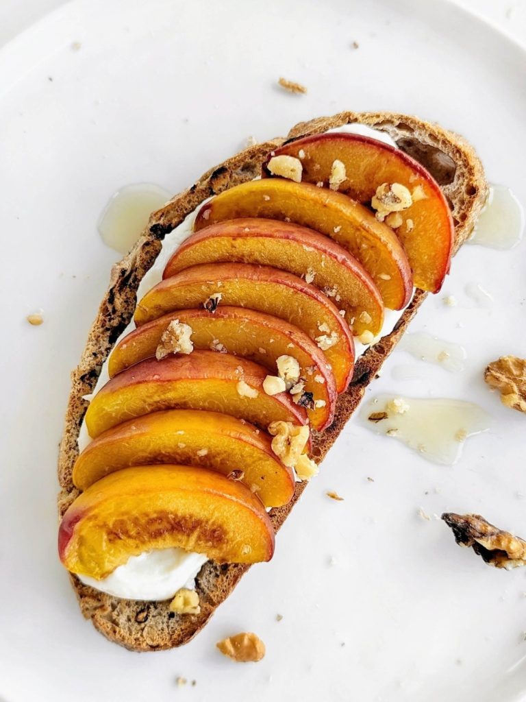 Peaches and Cream Walnut Toast is a healthy, easy and delicious breakfast. Caramelized peaches, Greek yogurt and protein powder ‘cream’ on sourdough walnut bread - a real wild treat!