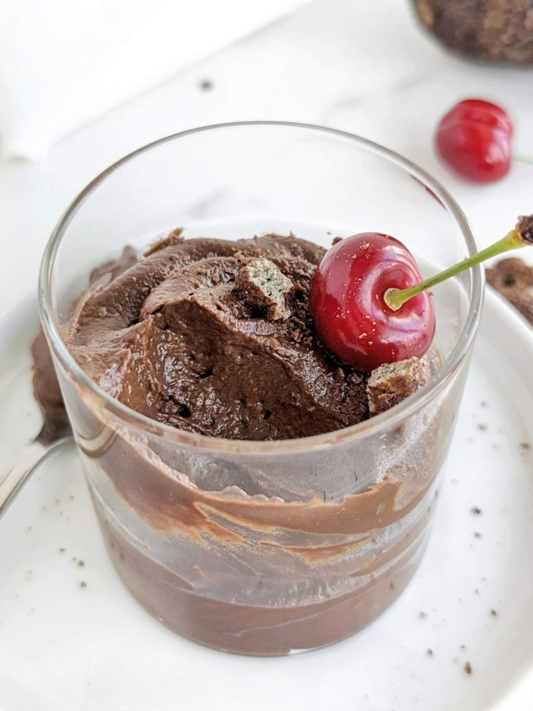Protein Avocado Mousse is a healthy snack or dessert high in protein, fiber and healthy fats! Chocolate avocado protein pudding is low carb, keto, sugar, gluten free and Vegan too.