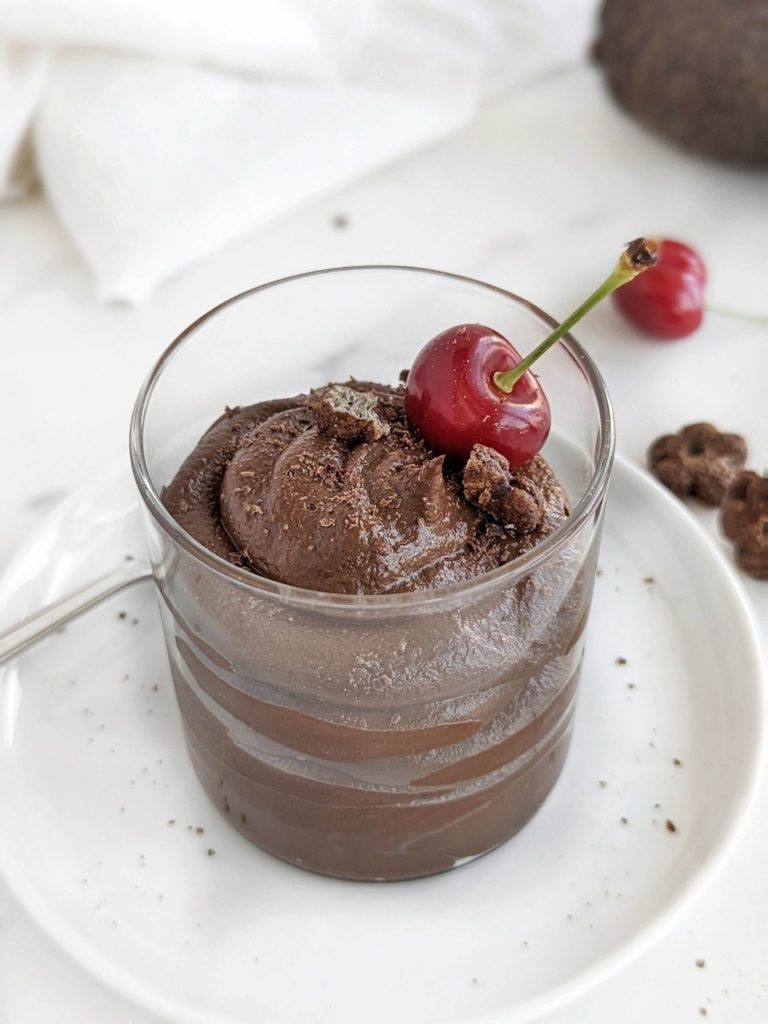 Protein Avocado Mousse is a healthy snack or dessert high in protein, fiber and healthy fats! Chocolate avocado protein pudding is low carb, keto, sugar, gluten free and Vegan too.