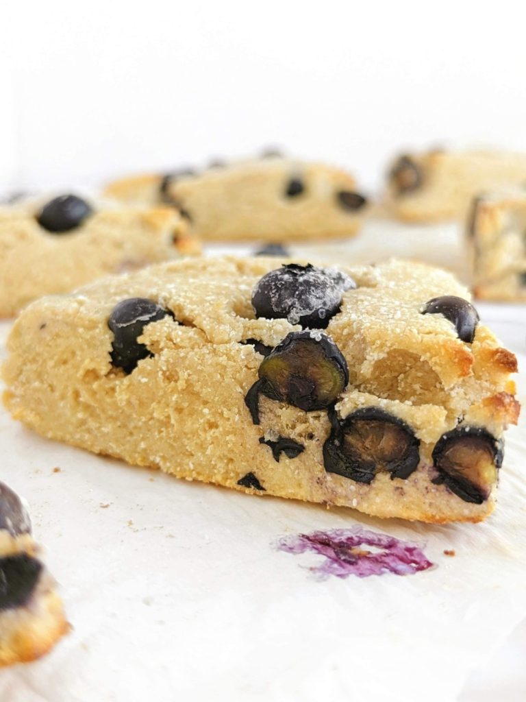 Protein Blueberry Scones are a super tasty and healthy snack, breakfast or post-workout treat. Healthy blueberry scones are high protein, low sugar, low fat and low calorie too; Better than Starbucks!