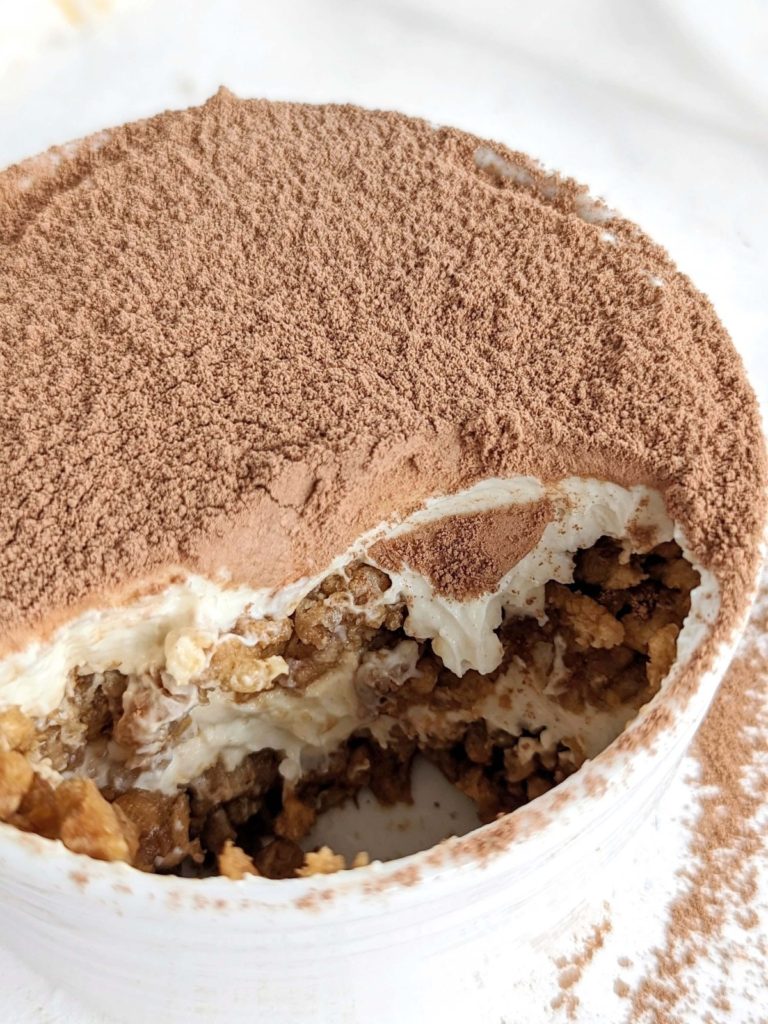 Rice Cake Tiramisu is an easy twist on the classic Italian dessert. It’s made with rice cakes instead of ladyfingers, and protein powder instead of sugar, but just as creamy and delicious.