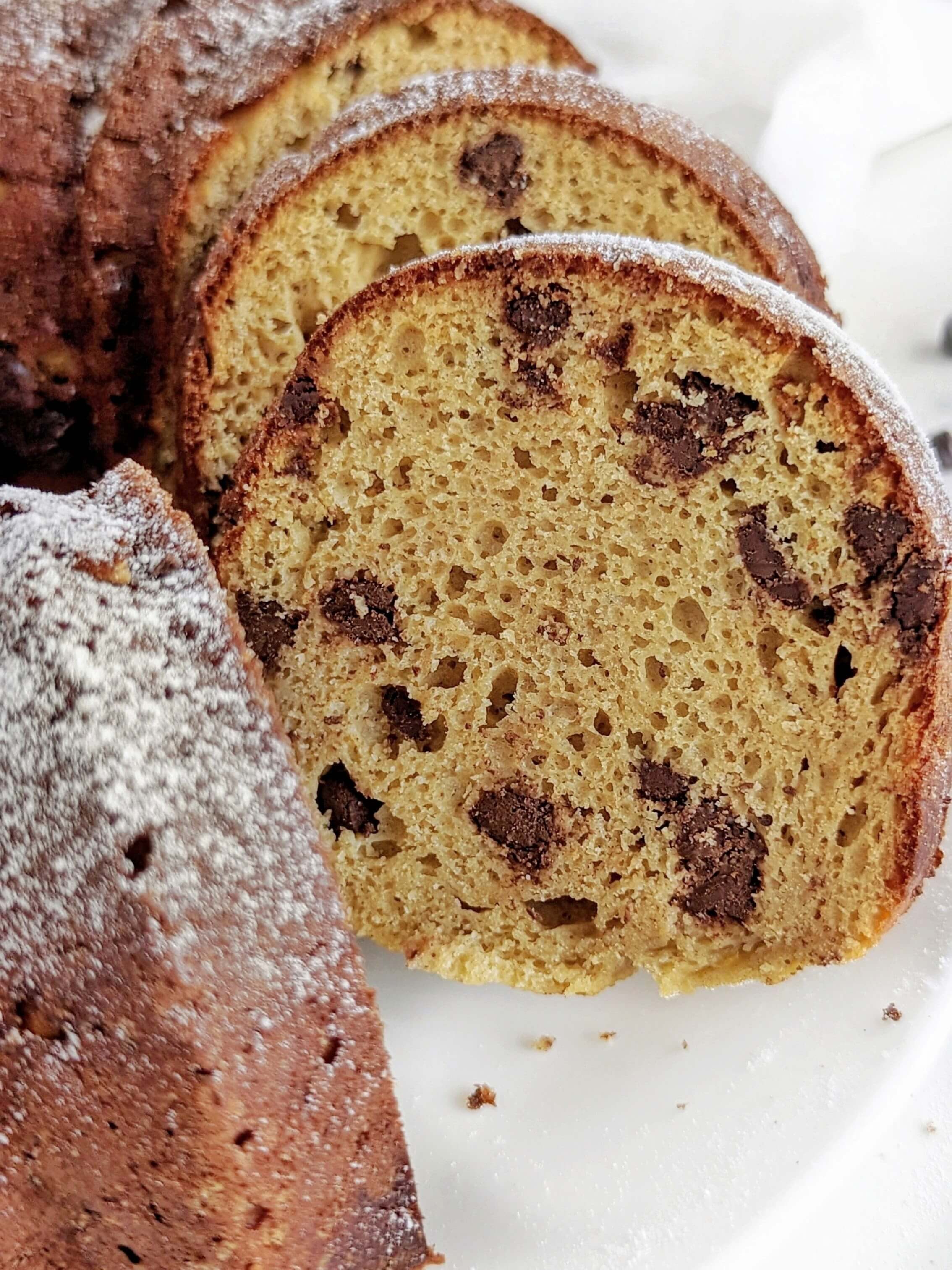 Chocolate Chip Protein Bundt Cake is the best healthy recipe ever - with protein powder, no sugar, low fat and sugar free chocolate chips too! Easy and delicious.