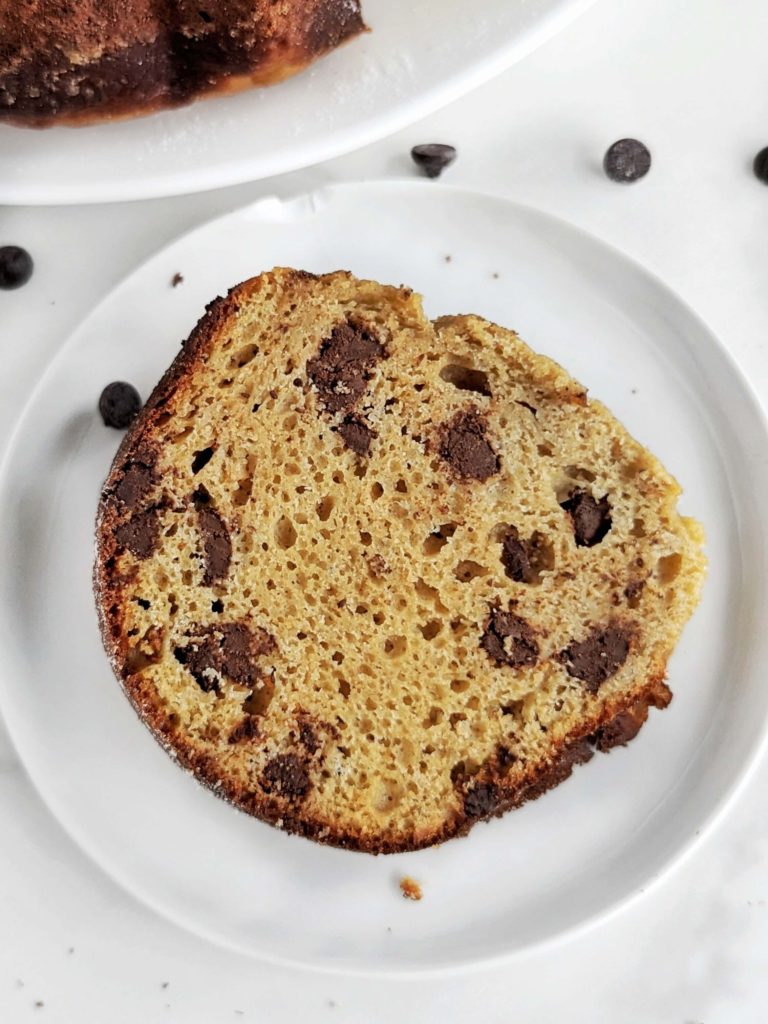 Chocolate Chip Protein Bundt Cake is the best healthy recipe ever - with protein powder, no sugar, low fat and sugar free chocolate chips too! Easy and delicious.
