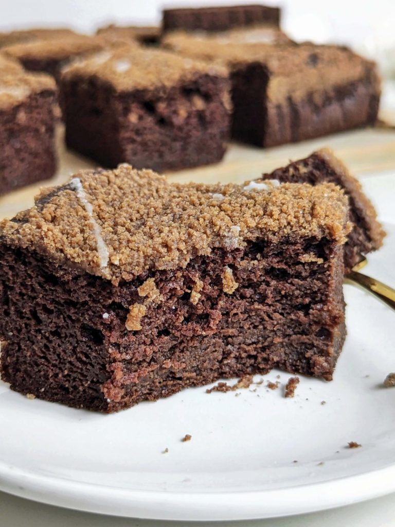 Healthy Chocolate Cake with Streusel topping will blow you away! A high protein, sugar free and low fat chocolate cake with cinnamon crumb topping perfect for a snack, dessert or post-workout!