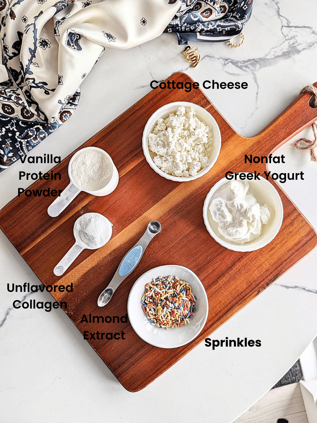 Ingredients for no bake cake batter protein dip made with Greek yogurt and cottage cheese, no cake mix.