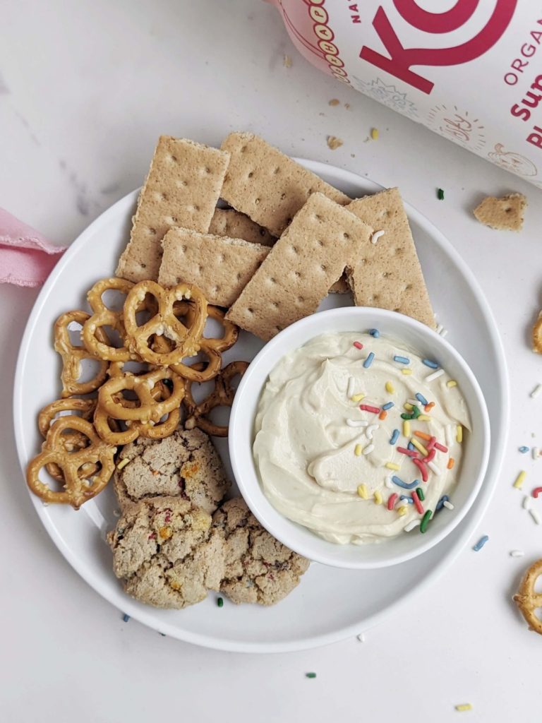 Lip-smacking delicious Protein Cake Batter Dip with just 2 ingredients. This low fat, low sugar high protein funfetti dip is perfect for a birthday or any celebration!