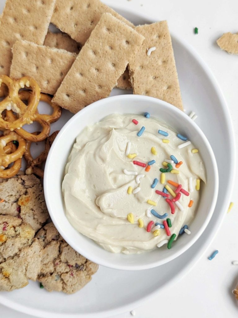 Lip-smacking delicious Protein Cake Batter Dip with just 2 ingredients. This low fat, low sugar high protein funfetti dip is perfect for a birthday or any celebration!