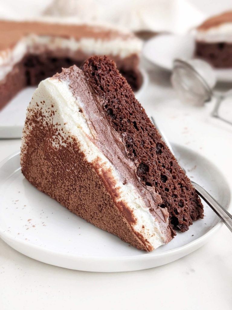 Healthy Chocolate Mousse Cake is high protein, low fat and low sugar too! Triple Chocolate Mousse Cake with a high protein chocolate cake, protein chocolate mousse, white chocolate mousse and cocoa powder.