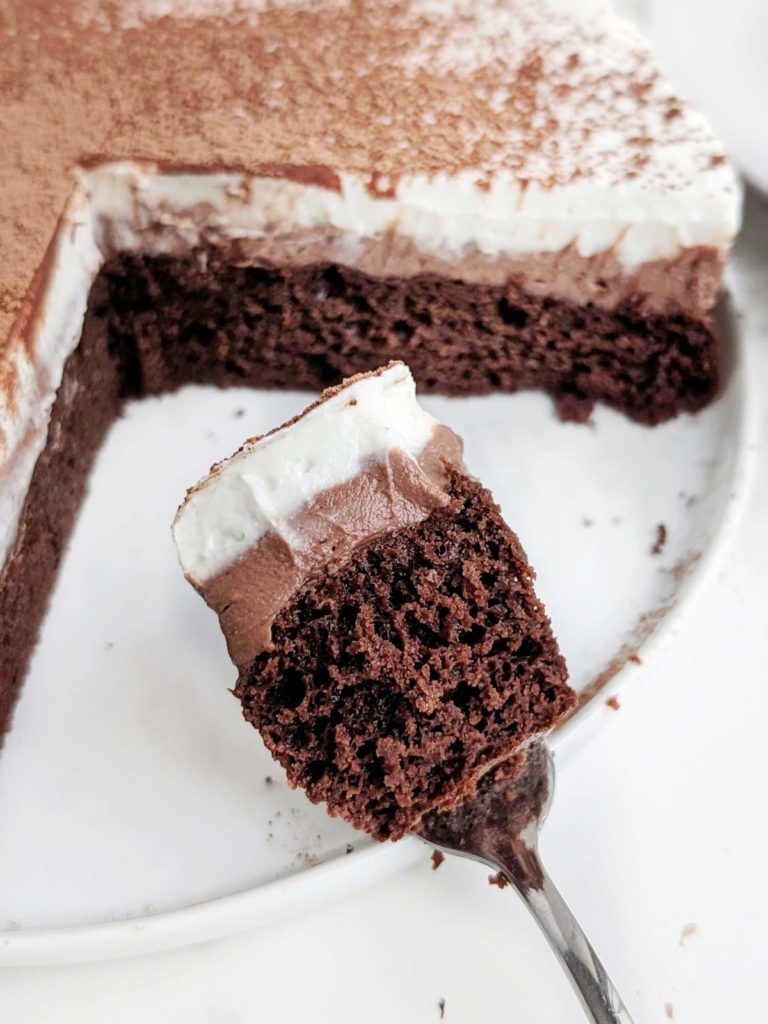 Healthy Chocolate Mousse Cake is high protein, low fat and low sugar too! Triple Chocolate Mousse Cake with a high protein chocolate cake, protein chocolate mousse, white chocolate mousse and cocoa powder.