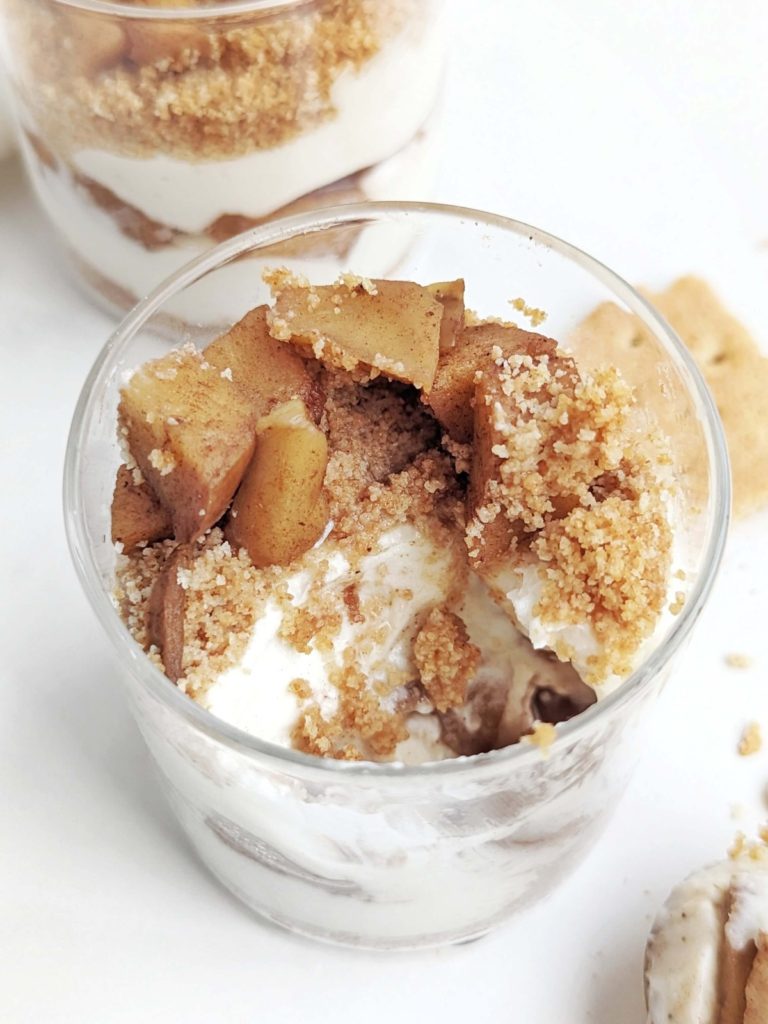 Layered Apple Pie Protein Jar is perfect for a healthy Thanksgiving party. Low fat, low sugar graham base, high protein yogurt mix and cinnamon sugar apples!