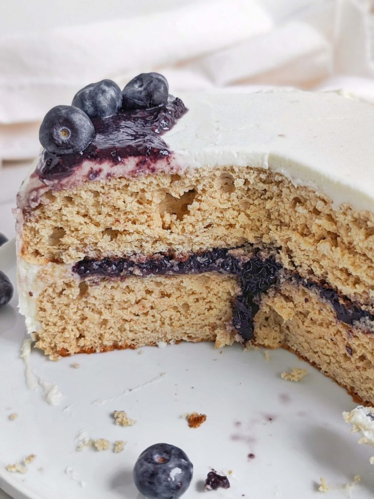 Soft and delicious Blueberry Jam Protein Cake recipe will have you hooked! A healthy blueberry jam layer cake recipe that’s high protein, low fat and sugar free too!