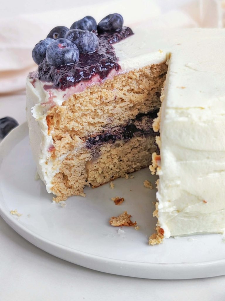 Soft and delicious Blueberry Jam Protein Cake recipe will have you hooked! A healthy blueberry jam layer cake recipe that’s high protein, low fat and sugar free too!