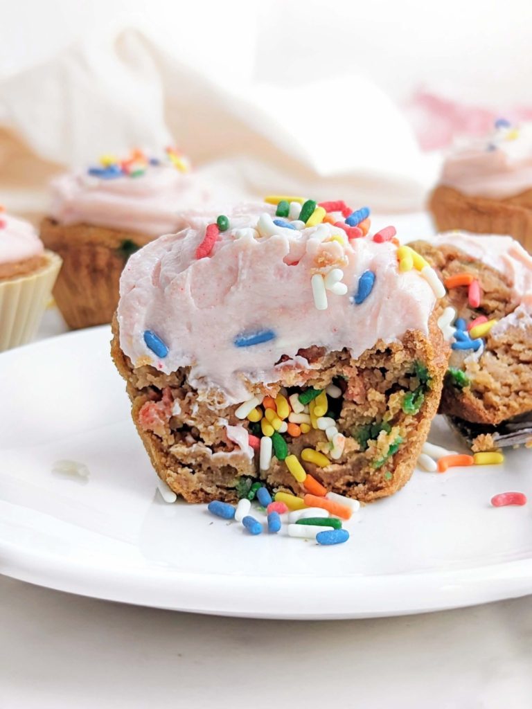 Funfetti Protein Cupcakes will make every day a party! A high protein, low fat birthday cake protein cupcake filled with sprinkles on the inside too.