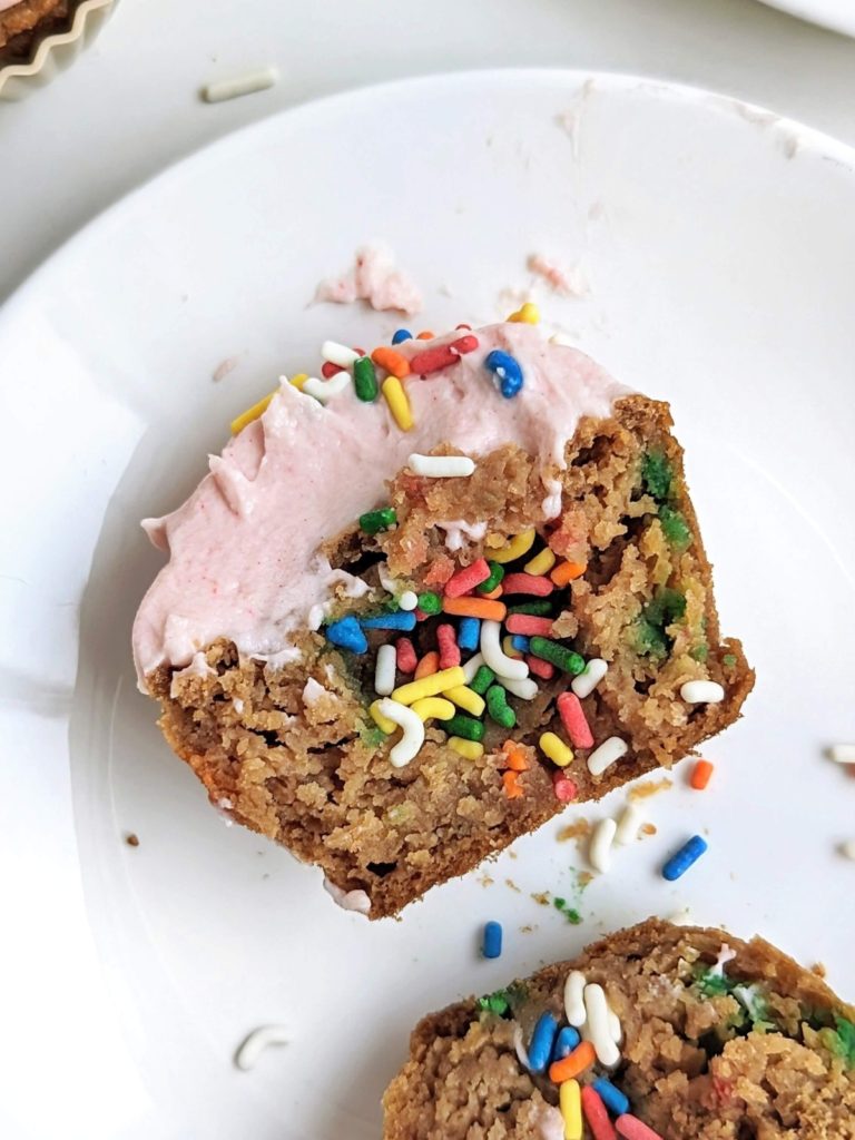 Funfetti Protein Cupcakes will make every day a party! A high protein, low fat birthday cake protein cupcake filled with sprinkles on the inside too.