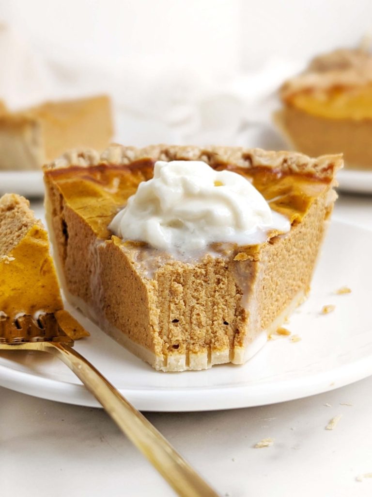 Protein Pumpkin Pie is soft and creamy but healthy! Made using protein powder - no sugar or condensed milk - it’s perfect to celebrate Thanksgiving party with health goals in check.