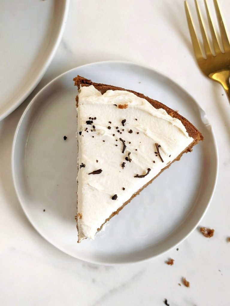 Chai Protein Cake with Protein Cream Cheese Frosting - the perfect balance of chai spice and creaminess all in a delicious and healthy cake. A low fat, low sugar and high protein treat better than a chai tea latte!