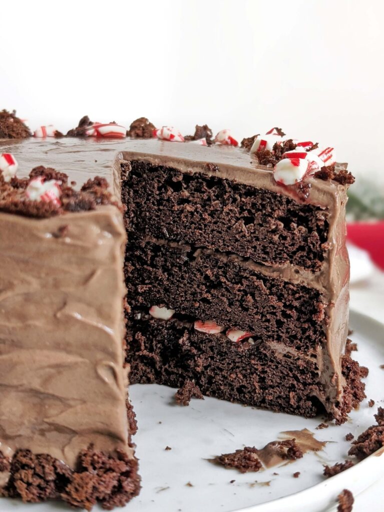 Soft, delicious and Healthy Chocolate Candy Cane Cake! A layered Christmas cake with protein chocolate cake, protein frosting and crushed candycane filing that’s high protein, low sugar and low fat!